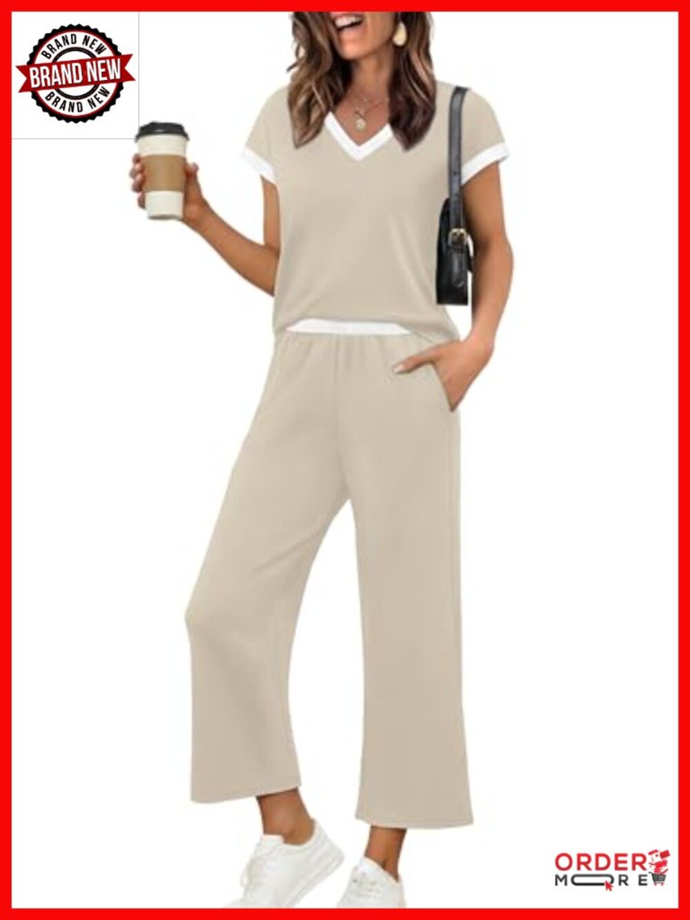 Two Piece Lounge Set Matching Women V Neck Cap Sleeve Wide Leg Pants Travel